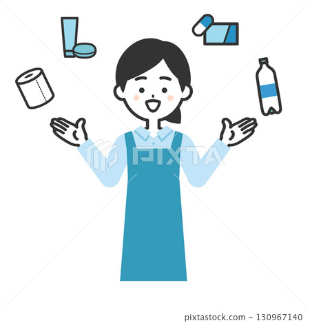 Illustration of a woman in an apron surrounded by everyday items Illustration of a woman in an apron surrounded by everyday items 130967140