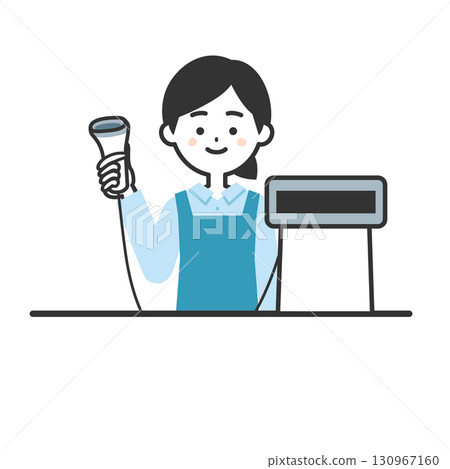 Illustration of a woman in an apron standing at a manned cash register 130967160