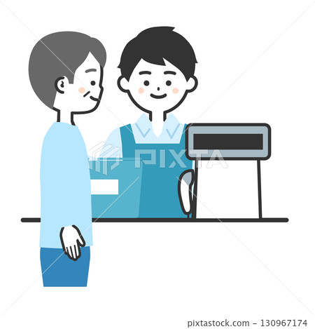 Illustration of an elderly male customer placing a shopping cart at the cash register and a male cashier wearing an apron 130967174