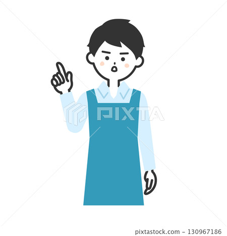 Illustration of a man in an apron pointing with a serious expression 130967186