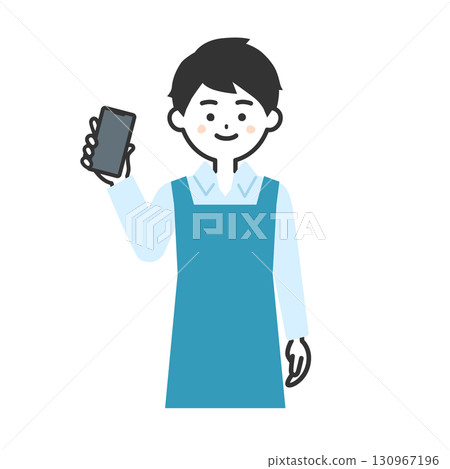 Illustration of a man in an apron holding a smartphone Illustration of a man in an apron holding a smartphone 130967196
