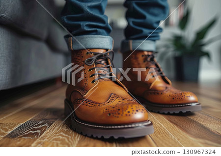 Brown Brogue Leather Boots On Wooden Floor 130967324