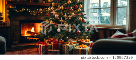 Warm holiday scene with decorated Christmas tree and gifts Generative AI 130967359