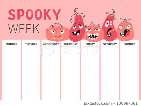 Colorful weekly planner for Halloween with funny scary pumpkins and weekday blocks. Perfect for organizing spooky events, party planning, school notes or festive schedules. Flat vector design. 130967361