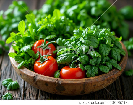 Fresh tomatoes and herbs in a wooden bowl on a table Generative AI 130967383