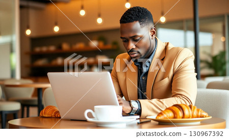 Man working on laptop in cozy cafe with pastries Generative AI 130967392
