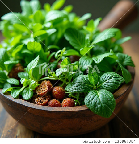 Fresh herbs and spices in a wooden bowl for cooking Generative AI 130967394