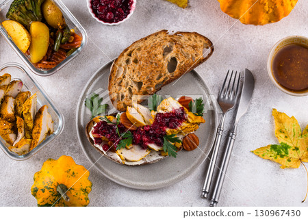 Leftover Thanksgiving day sandwich with turkey 130967430