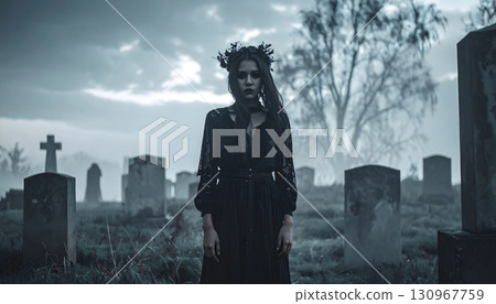 一位身穿黑色洋裝的女子站在墓園裡 一位身穿黑色洋裝的女子站在墓園裡 130967759