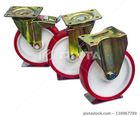 Durable red and white swivel casters designed for heavy loads in workshops and warehouses 130967799