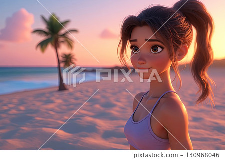 3D cartoon girl on tropical beach at sunset, warm colorful sky, palm trees and ocean background 130968046
