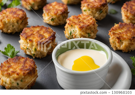 A tantalizing close-up of golden-brown, crispy crab cakes arranged on a dark slate surface, with a small bowl of creamy white dipping sauce, garnished with fresh parsley. AI Generated 130968103