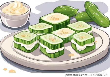 Refreshing miniature cucumber sandwiches with creamy cheese and delicate dill, perfect for brunches, tea parties, or delightful spring and summer lunches. AI Generated 130968126