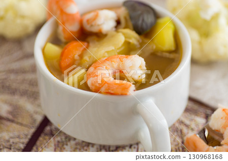 Light Protein Soup with Shrimp, Potatoes and Basil Light Protein Soup with Shrimp, Potatoes and Basil 130968168