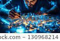 An architect brings architectural designs to life with 3D holographic construction models. The concept of innovation in architecture and futuristic design. Generative Ai. 130968214