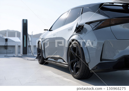 A ground-level view of the rear bumper of a modern electric car next to a charging station. The car is charging on a rooftop parking lot. Transition to renewable energy. 130968275