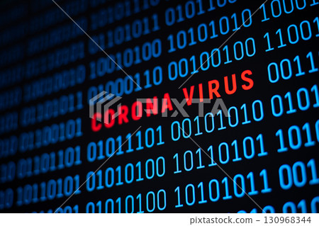 Binary code with corona virus inscription. Concept of virus made by humanity using modern technologies in medicine 130968344