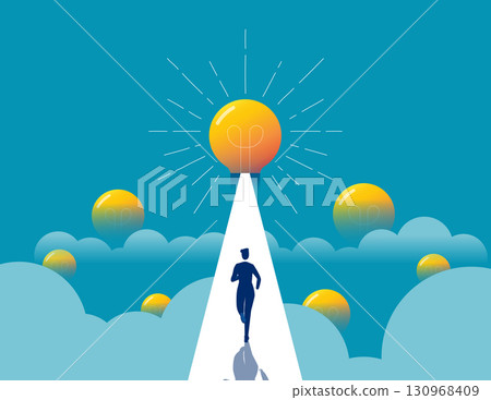 Great idea. Businessman running to big light bulb 130968409