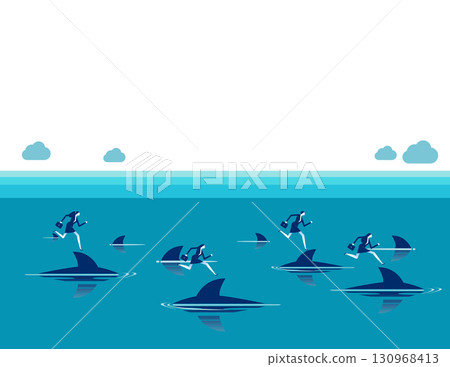 Financial risk. Successful business people running on top of sharks in the danger sea water. Financial risk. Successful business people running on top of sharks in the danger sea water. 130968413