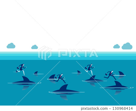 Financial risk. Successful business people running on top of sharks in the danger sea water. 130968414