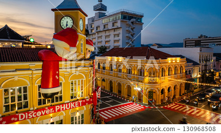 Aerial view of Festive Clock Tower with Santa Decorations Aerial view of Festive Clock Tower with Santa Decorations 130968508