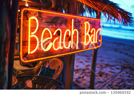 Wooden neon sign with an open beach bar on a beach background. 130968592