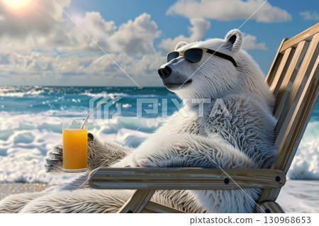 on beach, polar bear character with fresh cold drink in tropical summer vacation, Generative AI 130968653