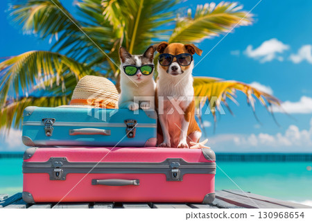on summer beach Pet Travel, Cat Vacation, Dog Tourist, Cat and Dog next to Luggage 130968654
