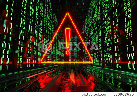 A red alert triangle with an exclamation mark over binary code background , symbolizing a cybersecurity threat Closeup A red alert triangle with an exclamation mark over binary code background , symbolizing a cybersecurity threat Closeup 130968659