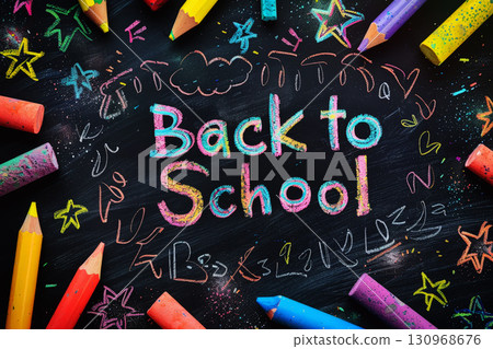 Back to school handwritten with school supplies on a black board background. Top view. generative ai 130968676