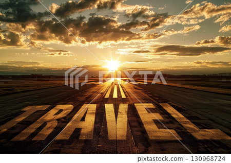 travel text on runway under clear sky, travel vacation concept travel text on runway under clear sky, travel vacation concept 130968724