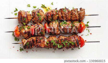 meat and vegetable kebab skewer isolated on a transparent background, generative ai meat and vegetable kebab skewer isolated on a transparent background, generative ai 130968815