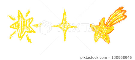 Chalk drawing of three bright stars. Hand drawn crayon scribble style illustration with simple and playful look. 130968946