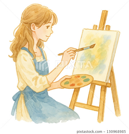 Woman drawing a picture (watercolor illustration) 130968985