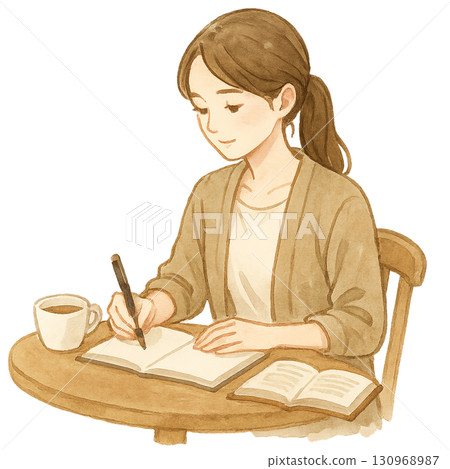 Cafe work study woman watercolor illustration Cafe work study woman watercolor illustration 130968987