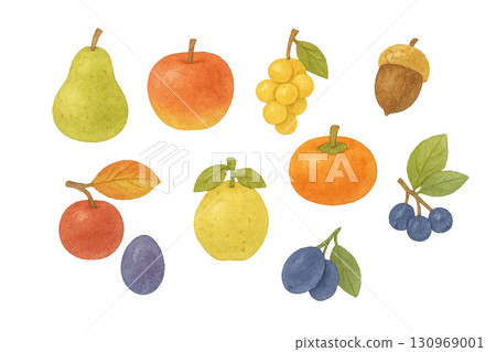 Autumn fruits and acorns watercolor icon (transparent) 130969001