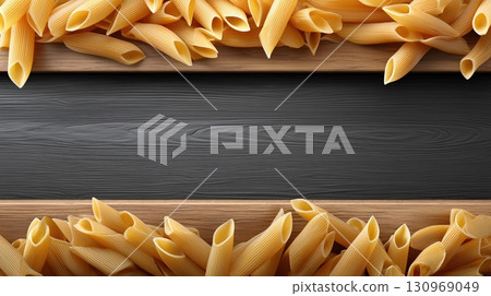 Raw Penne Pasta Frame on Dark Wooden Background Raw Penne Pasta Frame on Dark Wooden Background 130969049