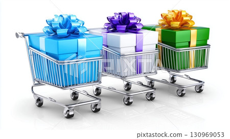 Three Shopping Carts with Colorful Gift Boxes 130969053