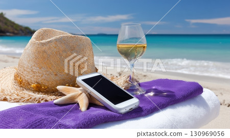 Tropical beach essentials, straw hat, smartphone, white wine, and starfish on a purple towel by the turquoise ocean. 130969056