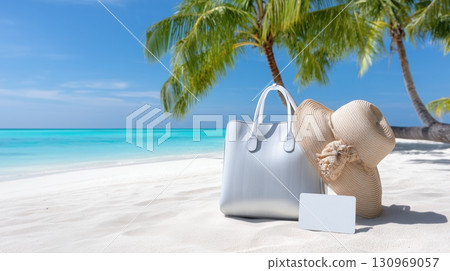 Tropical beach scene with white bag, straw hat, and blank card on pristine sand. 130969057