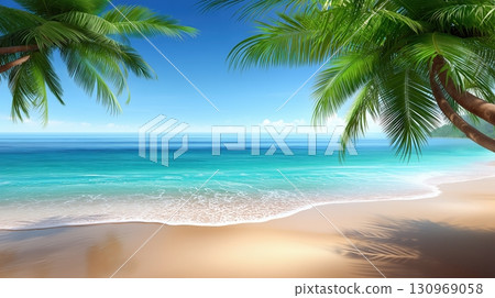 Tropical beach with palm trees and clear blue ocean 130969058