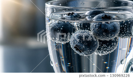 Blueberries Floating in Glass of Sparkling Water 130969226