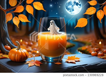 Pumpkin juice glass surrounded by warm bokeh lights 130969228