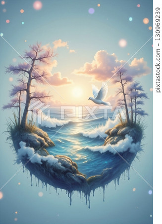 Floating island with ocean waves and bright sunrise 130969239