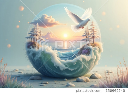 Surreal flying island with trees and calm sea 130969240