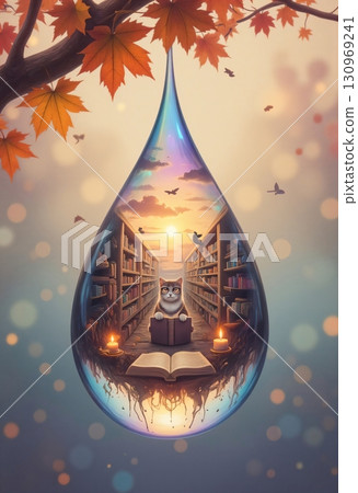 Magical droplet with flying birds and glowing books 130969241