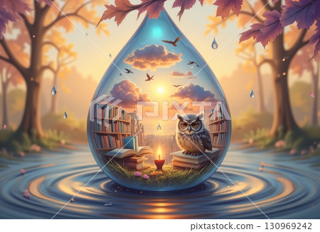 Magical droplet with flying birds and glowing books 130969242