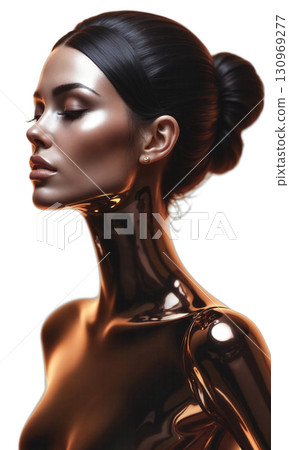 A female business icon in bronze light, floating in zero gravity beside a glowing brand manifesto, symbolizing unwavering alignment between 130969277