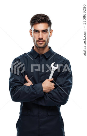 mechanic workshop portrait - A three-quarter shot of a man in a dark jumpsuit holding a large wrench, on transparent mechanic workshop portrait - A three-quarter shot of a man in a dark jumpsuit holding a large wrench, on transparent 130969280