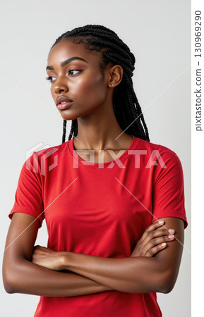 Serious Woman Looking Sideways Red Shirt Isolated A medium shot captures a young Black woman with braided hair, wearing Serious Woman Looking Sideways Red Shirt Isolated A medium shot captures a young Black woman with braided hair, wearing 130969290